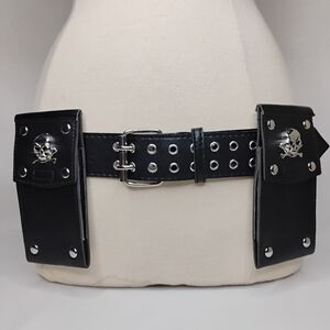 Unisex Biker Halloween Costume Studded Belt Faux Leather Cosplay Skulls Pouches